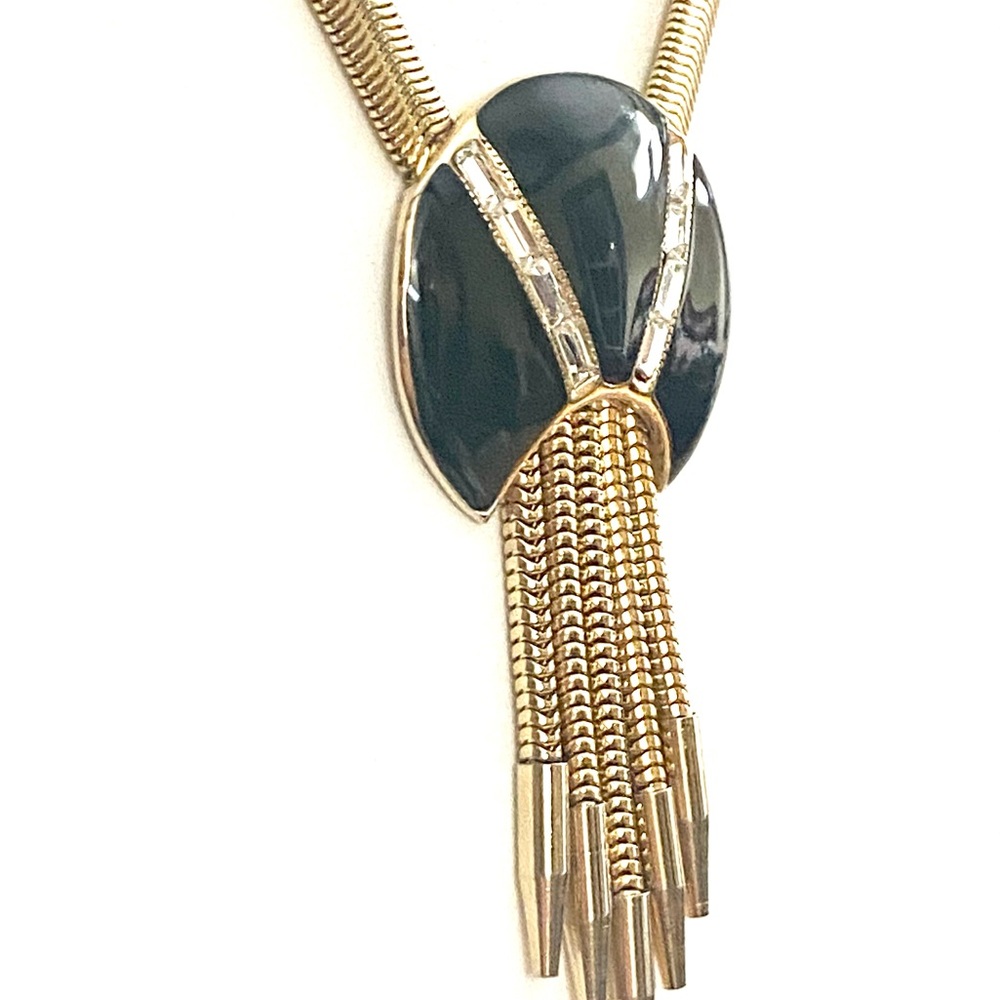 Gold tone & black pendant necklace-thick snake chain, channel set rhinestones